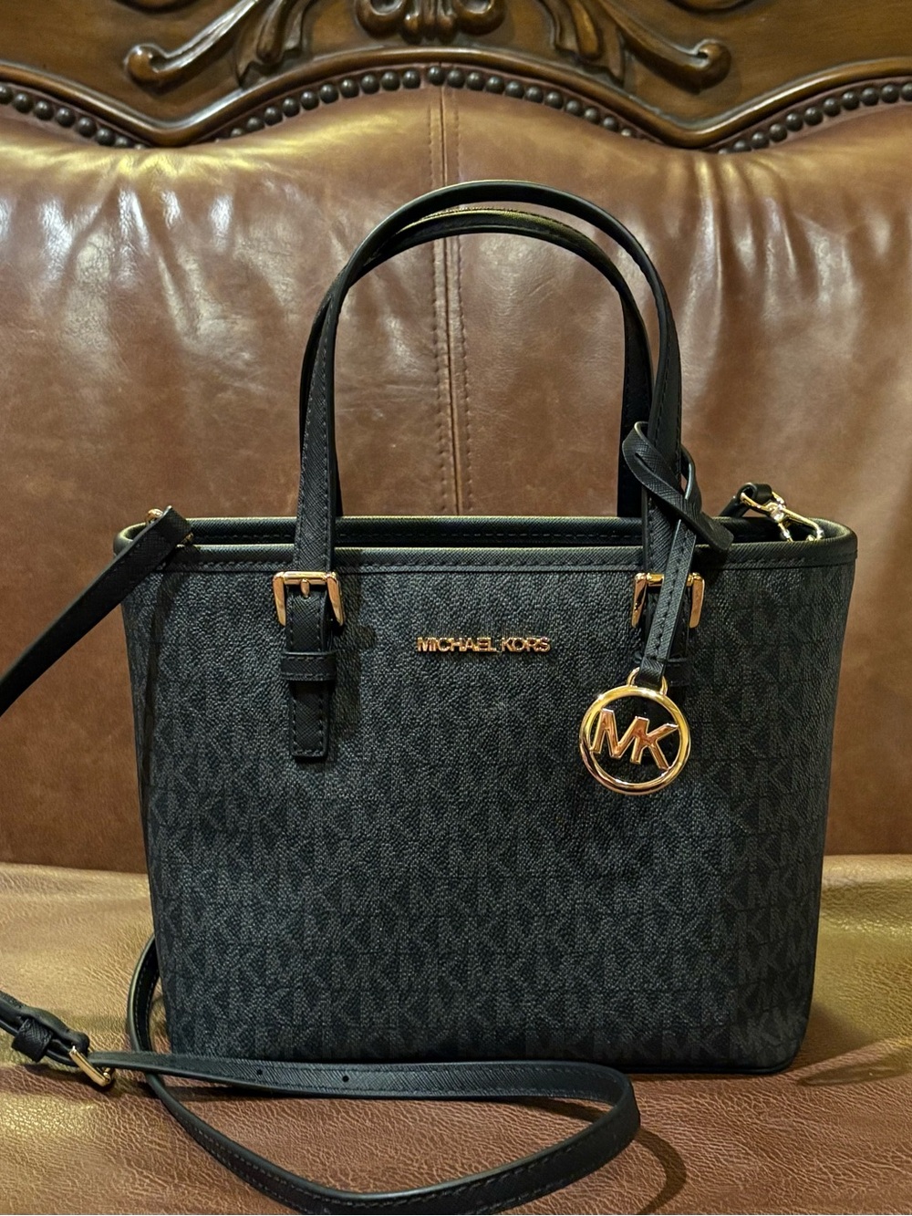 Michael Kors Black Monogram Crossbody Tote with Gold Hardware
